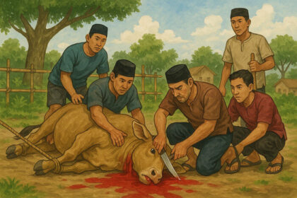 Jafar, petani lansia di Tanah Datar, tewas setelah ditendang sapi kurban saat proses penyembelihan di Mushalla Firdaus.