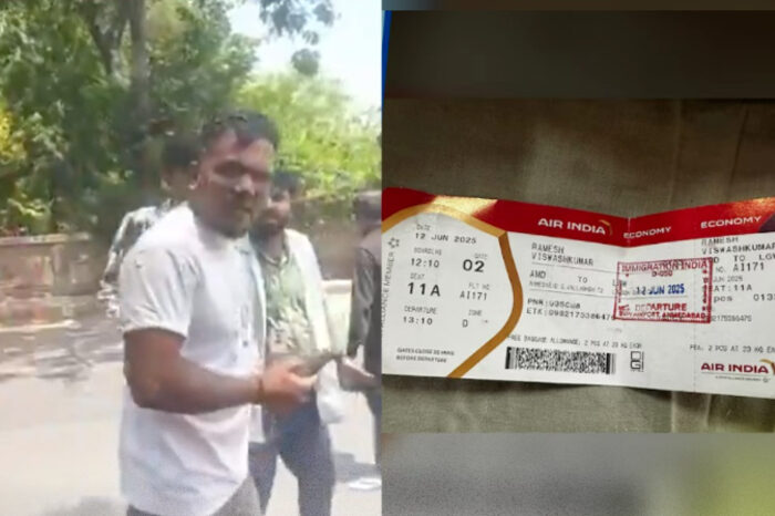 Vishwashkumar Ramesh dibantu petugas medis menuju ambulans, sesaat setelah selamat dari tragedi kecelakaan pesawat Air India yang menewaskan 241 orang.